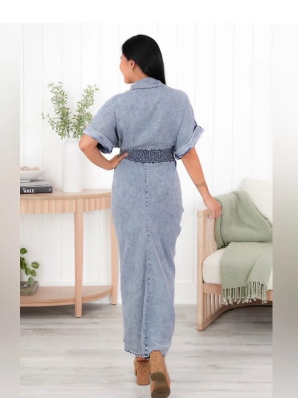 Oli & Hali Washed Button Down Denim Midi Dress with Tie Waist